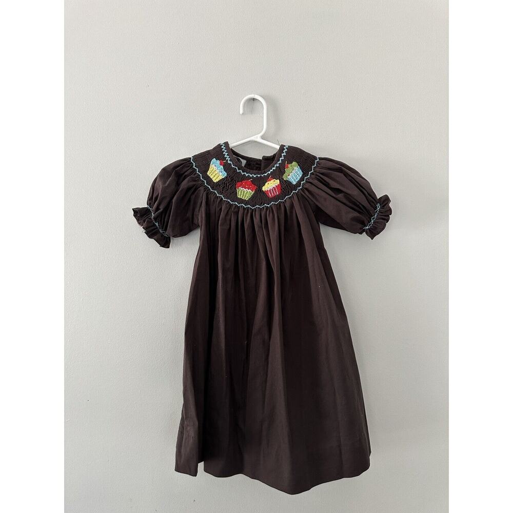 Bella Nova Boutique Smocked Cupcakes Brown Bishop Dress Size 2T